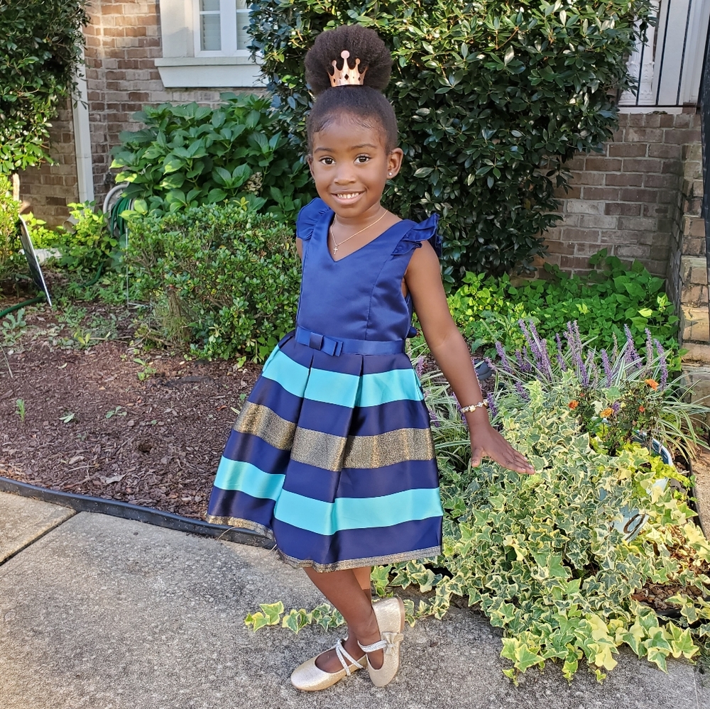 NWT - Navy/Aqua Striped Party Dress Girls 4-10
